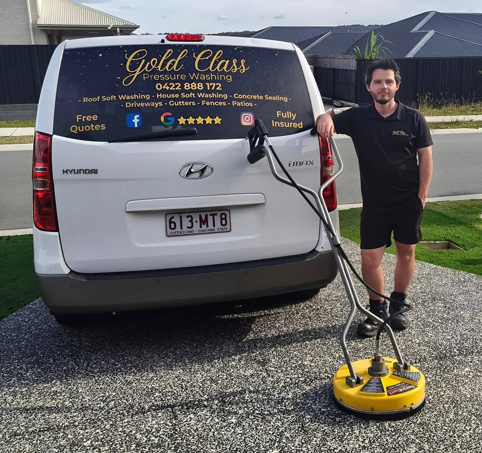 Steve, owner of Gold Class Pressure Washing, with the Gold Class van